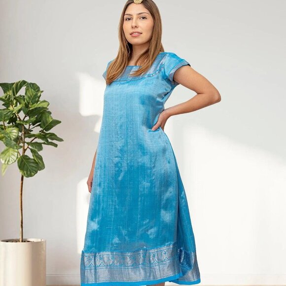 Light Blue Silk Knee-Length Dress for Summer | Muvvas Boutique - Picture 3 of 3